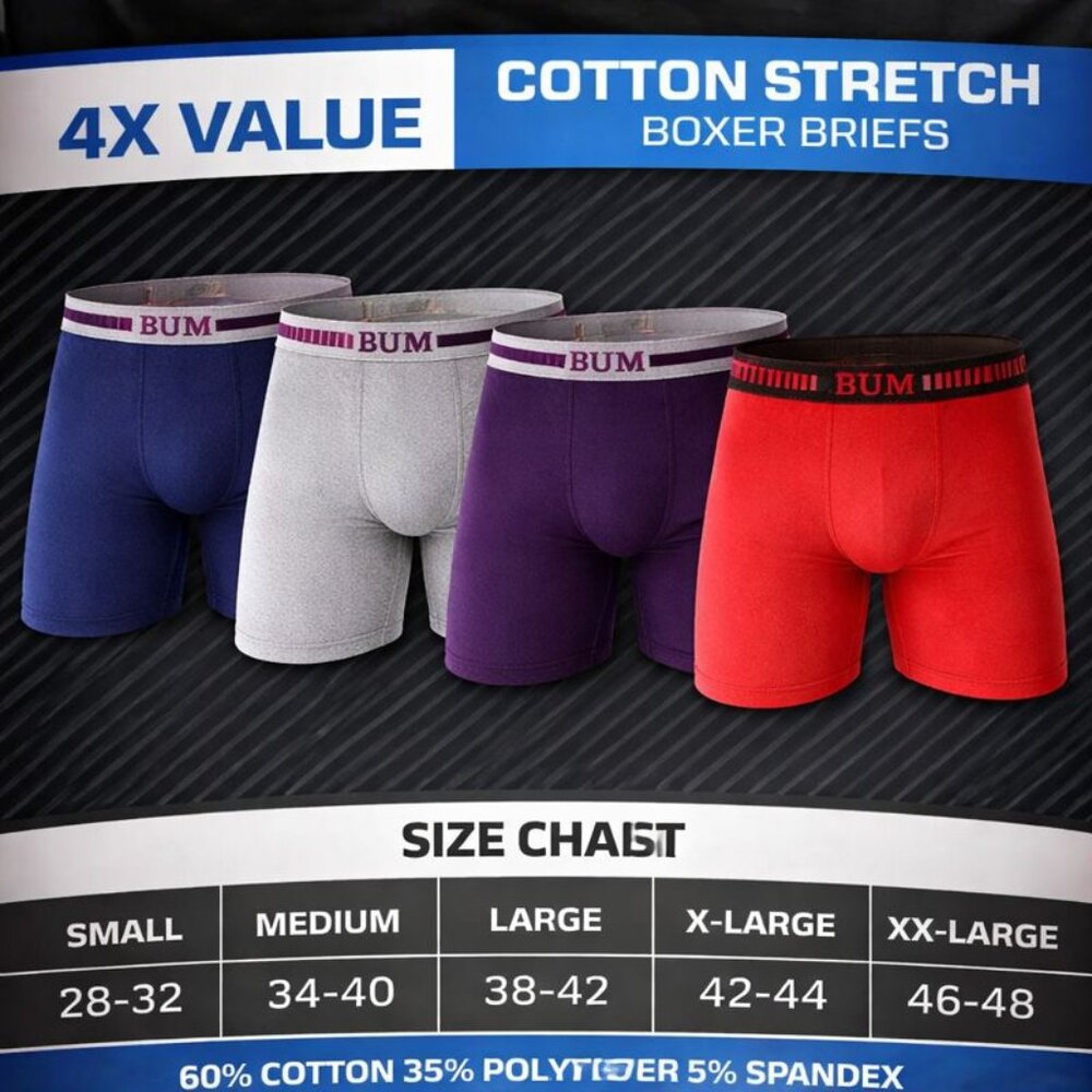 B.U.M. 4-PK Cotton Stretch Boxer Briefs multi colors size Small 30-32 waist NWT - Picture 1 of 8